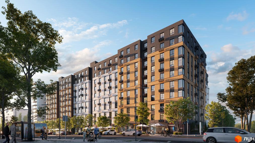 Зовнішній вигляд новобудови ЖК Osnova з фасадом з жовтої цегли та темних панелей, розташованої біля дороги з деревами та пішохідною зоною.