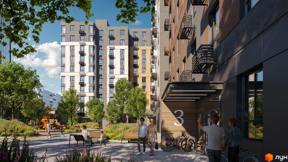 Житловий комплекс Osnova з фасадами різних кольорів та балконами, поруч дитячий майданчик та зона відпочинку.