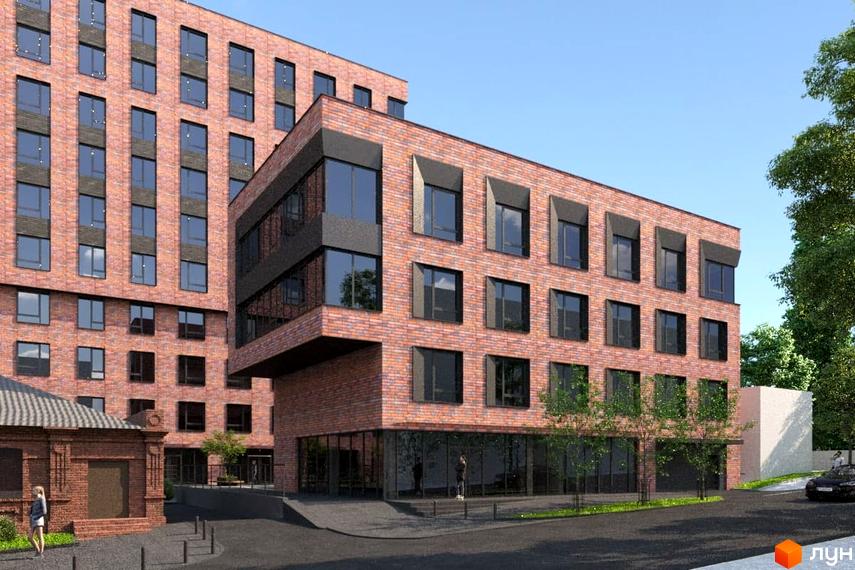 Зовнішній вигляд новобудови на вул. Гончара, 38-42 з цегляним фасадом та великими вікнами. Прибудинкова територія з деревами та дорогою.