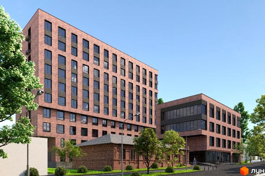 Зовнішній вигляд новобудови на вул. Гончара, 38-42 з цегляним фасадом та великими вікнами. Прибудинкова територія озеленена деревами та кущами.