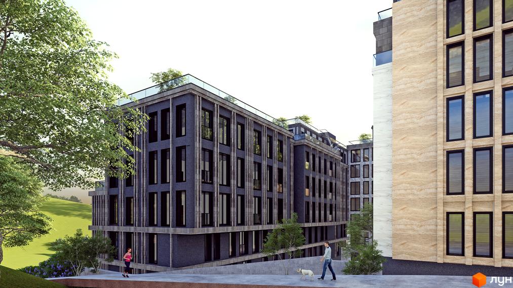 COMPASS CENTER - це новий житловий комплекс з фасадами з темного каменю та великими вікнами, розташований на фоні зеленого пагорба.