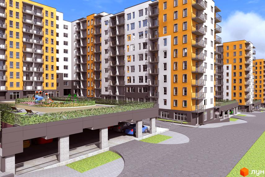 Житловий комплекс Оазис Буковини: багатоповерхові будинки з жовто-помаранчевими та білими фасадами, балконами. Прибудинкова територія має дитячий майданчик та паркінг.