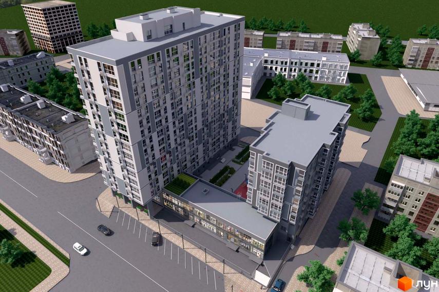 Житловий комплекс Урбаніст: багатоповерхові будинки з сірими фасадами, парковка та зелені насадження навколо.