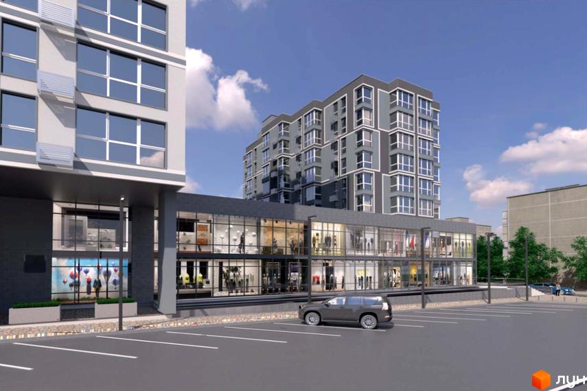 Житловий комплекс Урбаніст. Фасад будівлі з великою кількістю вікон, комерційні приміщення на першому поверсі, парковка перед будинком.