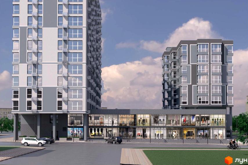 Житловий комплекс Урбаніст: два будинки сірого кольору з великими вікнами, об'єднані комерційним поверхом, перед яким розташована парковка та зелена зона.