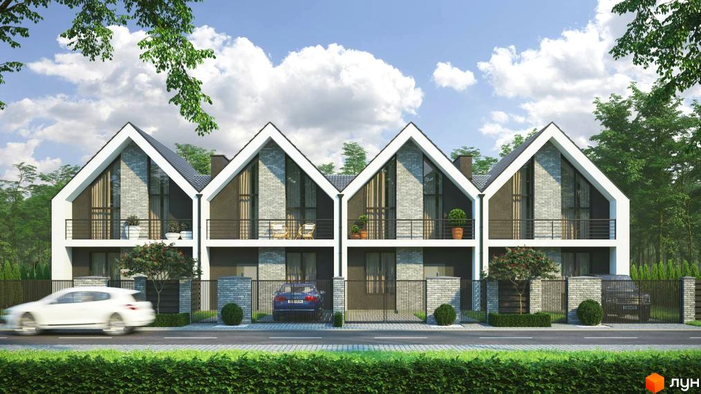 Таунхауси MANHATTAN 2: двоповерхові будинки з двосхилими дахами, великими вікнами та балконами, розташовані на доглянутій території з парканом та зеленими насадженнями.