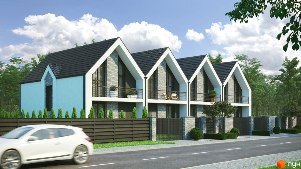 Таунхауси MANHATTAN 2 - сучасні триповерхові будинки з великими вікнами та балконами на другому поверсі. Територія огороджена парканом, перед будинками висаджені туї.