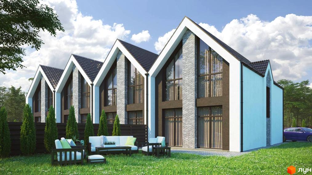 Таунхауси MANHATTAN 2 з великими вікнами та цегляним фасадом. На прибудинковій території розташовані зелені насадження та зона відпочинку.