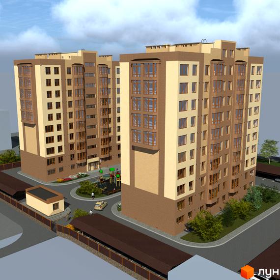 Зовнішній вигляд двосекційного житлового комплексу на вулиці Ушакова, 72, з дитячим майданчиком та парковкою.