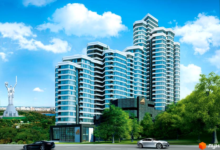 Житловий комплекс PecherSKY: висотні будівлі зі світлими фасадами та синіми вікнами, оточені зеленими деревами та дорогою, з видом на пам'ятник Батьківщина-Мати.