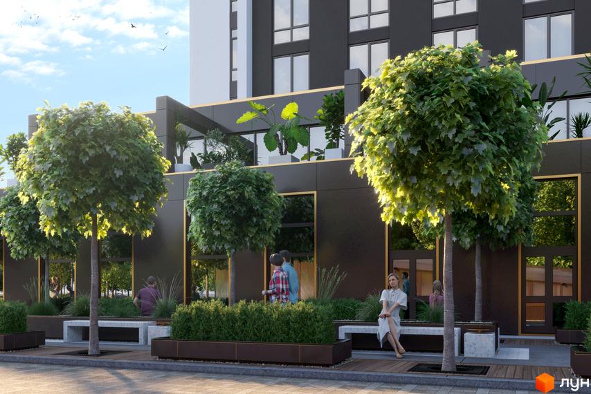 Будівельний проєкт KADORR City з озелененою прибудинковою територією та місцями для відпочинку. Сучасний фасад будівлі з великими вікнами.