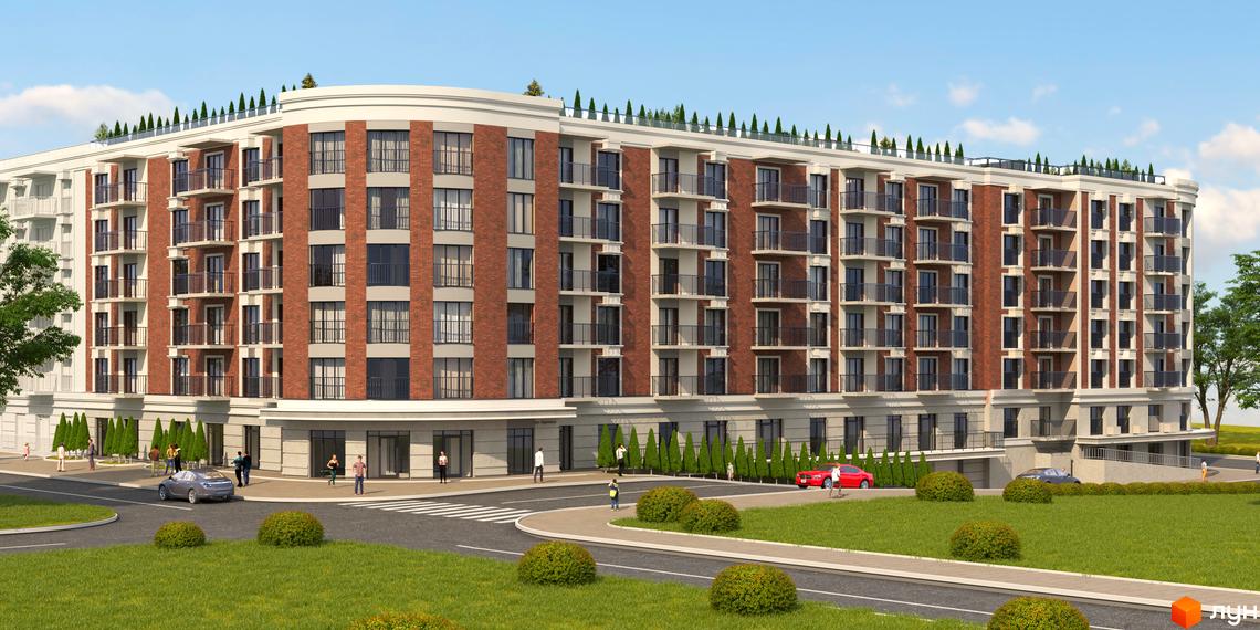 Житловий комплекс Єлецький – це багатоповерхова цегляна новобудова з балконами та прибудинковою територією з зеленими насадженнями та дорогою.