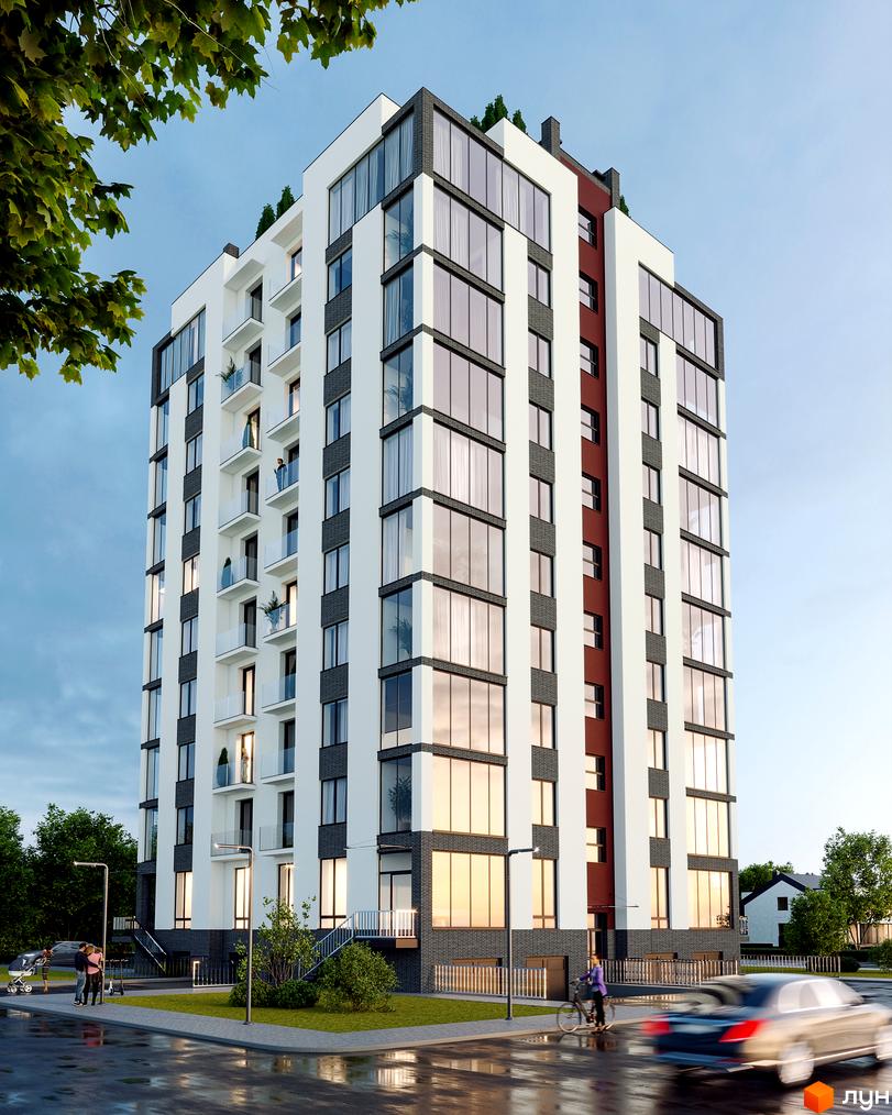Житловий комплекс Млинарське: сучасна багатоповерхова новобудова з великими вікнами та балконами, зелена прибудинкова територія, освітлення та доріжки.