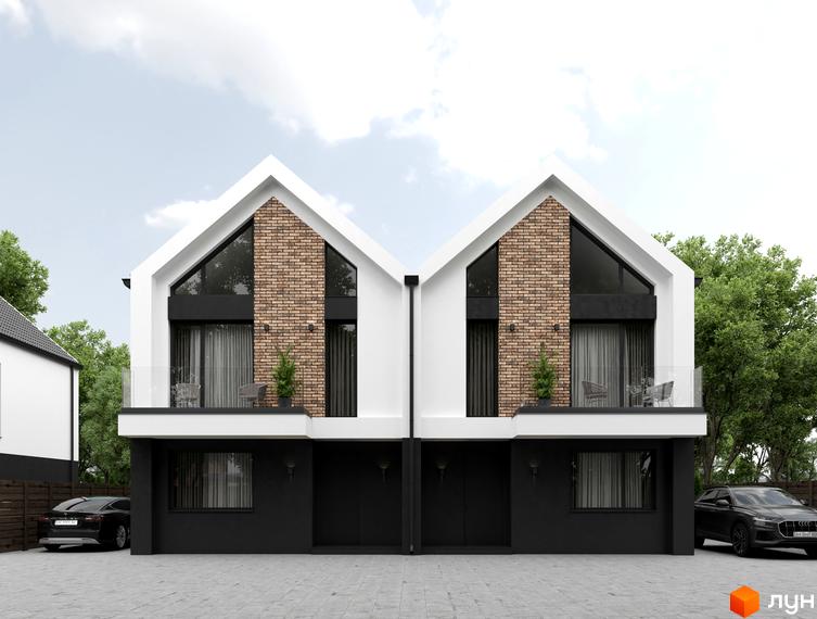 Сучасний двоповерховий будинок з цегляним фасадом та великими вікнами, розташований на бруківці з припаркованими автомобілями.