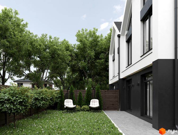 Зовнішній вигляд новобудови з біло-чорним фасадом та прибудинковою територією з газоном та кріслами-гойдалками на вулиці Пшенична.