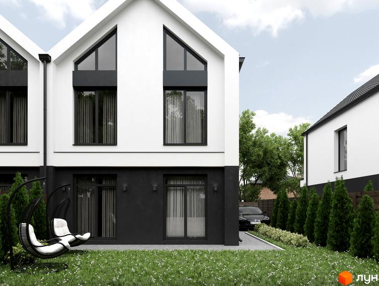 Сучасний двоповерховий будинок з чорно-білим фасадом та великими вікнами, розташований на зеленій ділянці з підвісним кріслом.