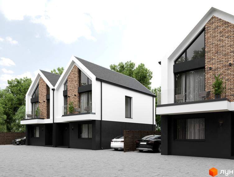 Зовнішній вигляд новобудови на вулиці Пшенична з цегляним фасадом та балконами. Поруч розташовані автомобілі та огороджена територія.