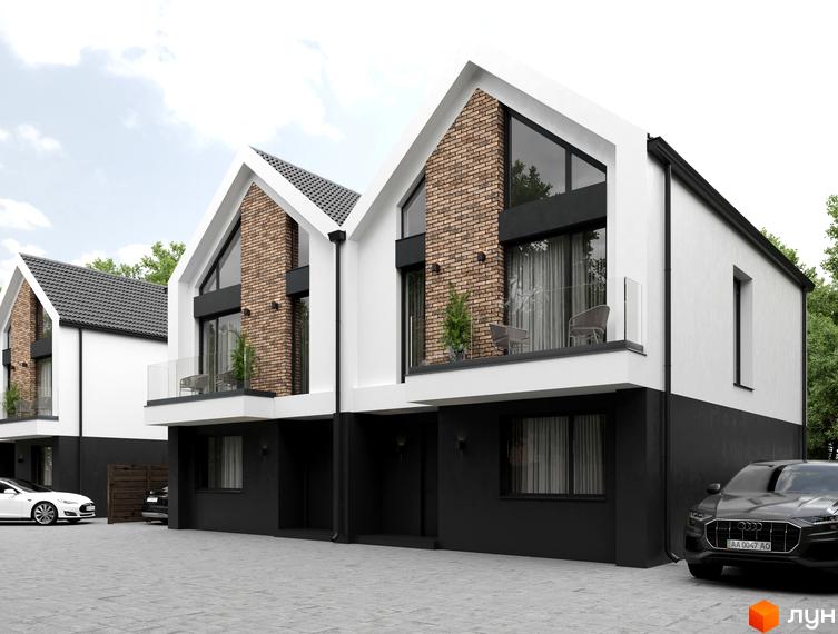 Зовнішній вигляд таунхаусів з цегляними вставками та панорамними вікнами на вулиці Пшенична. Поруч розташовані автомобілі та бруківка.