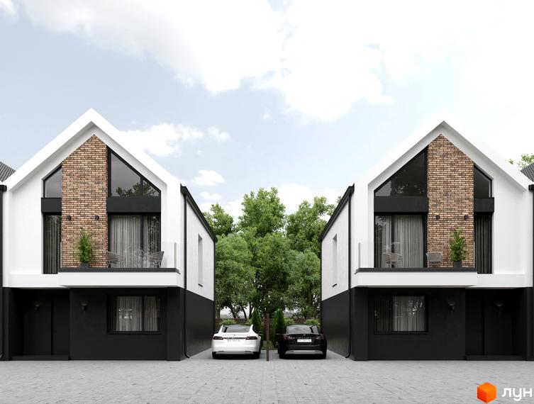 Сучасний двоповерховий будинок з цегляним фасадом та великими вікнами, розташований на бруківці з автомобілями біля входу.