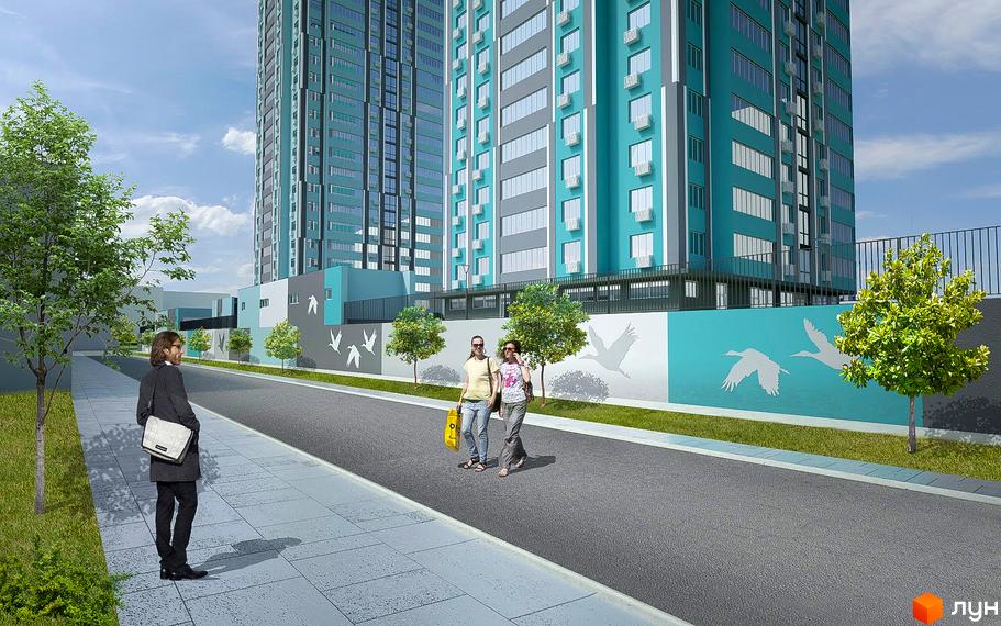 Житловий комплекс Журавли: сучасна архітектура з блакитними фасадами та прибудинкова територія з деревами та зображеннями птахів.