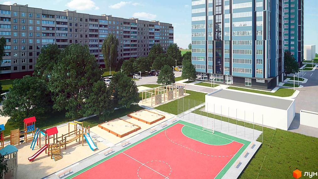 Житловий комплекс Журавли: сучасні багатоповерхові будинки з блакитними фасадами, дитячими майданчиками та спортивними зонами.