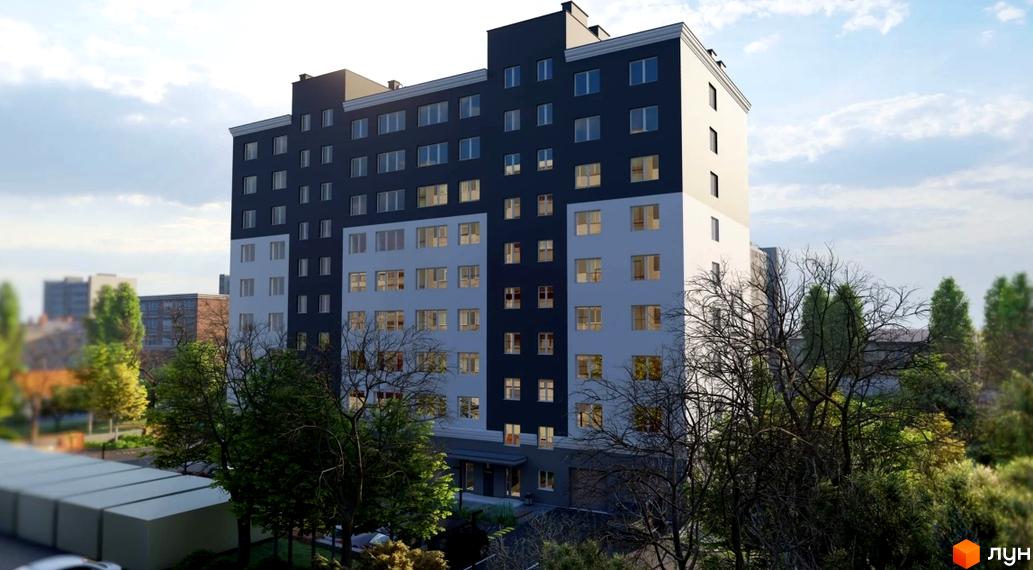 Зовнішній вигляд новобудови ЖК Слов'янський, що складається з двох секцій різної висоти з темним та світлим фасадом. Навколо будинку зелені дерева та прибудинкова територія.