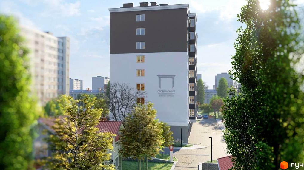 Зовнішній вигляд житлового комплексу Слов'янський з білим фасадом та темною верхньою частиною, вікна розташовані рядами. Навколо будівлі зелені дерева та частина дороги.