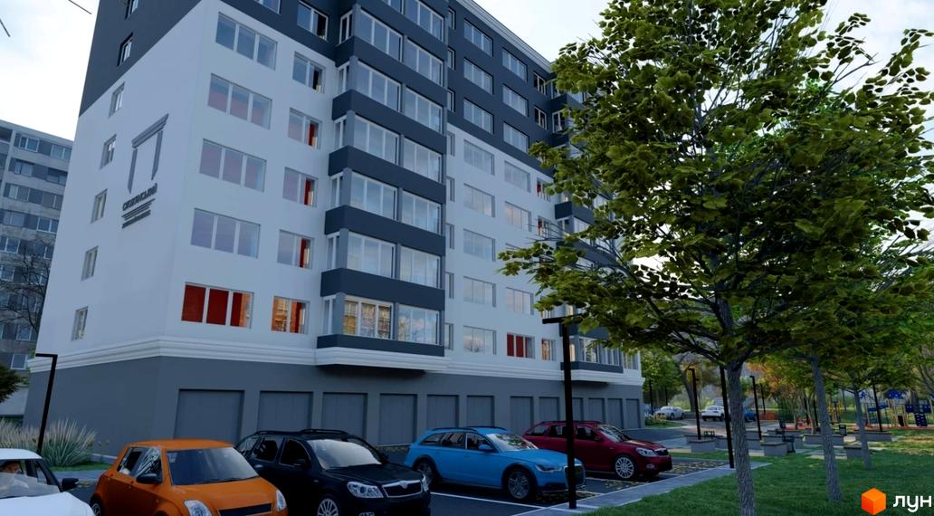 Житловий комплекс Слов'янський - це сучасна новобудова з біло-сірим фасадом та великими вікнами. Територія навколо будинку озеленена деревами та облаштована місцями для відпочинку.