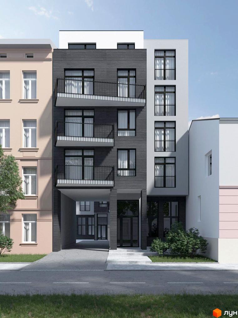 Фасад новобудови на вул. Вернигори, 23 з балконами та великими вікнами. Поруч розташована прибудинкова територія з деревами та газоном.