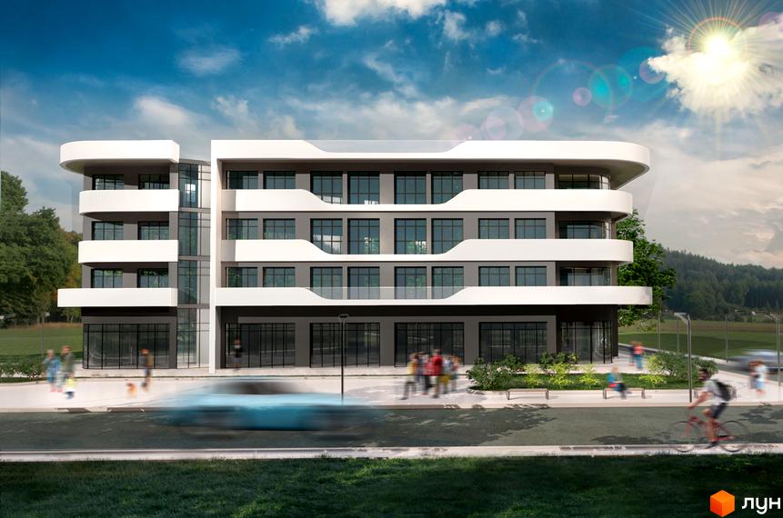 Зовнішній вигляд житлового комплексу CRYSTAL LUX з балконами та великими вікнами. Навколо будинку розташована прибудинкова територія з деревами та вулицею з пішоходами та автомобілями.