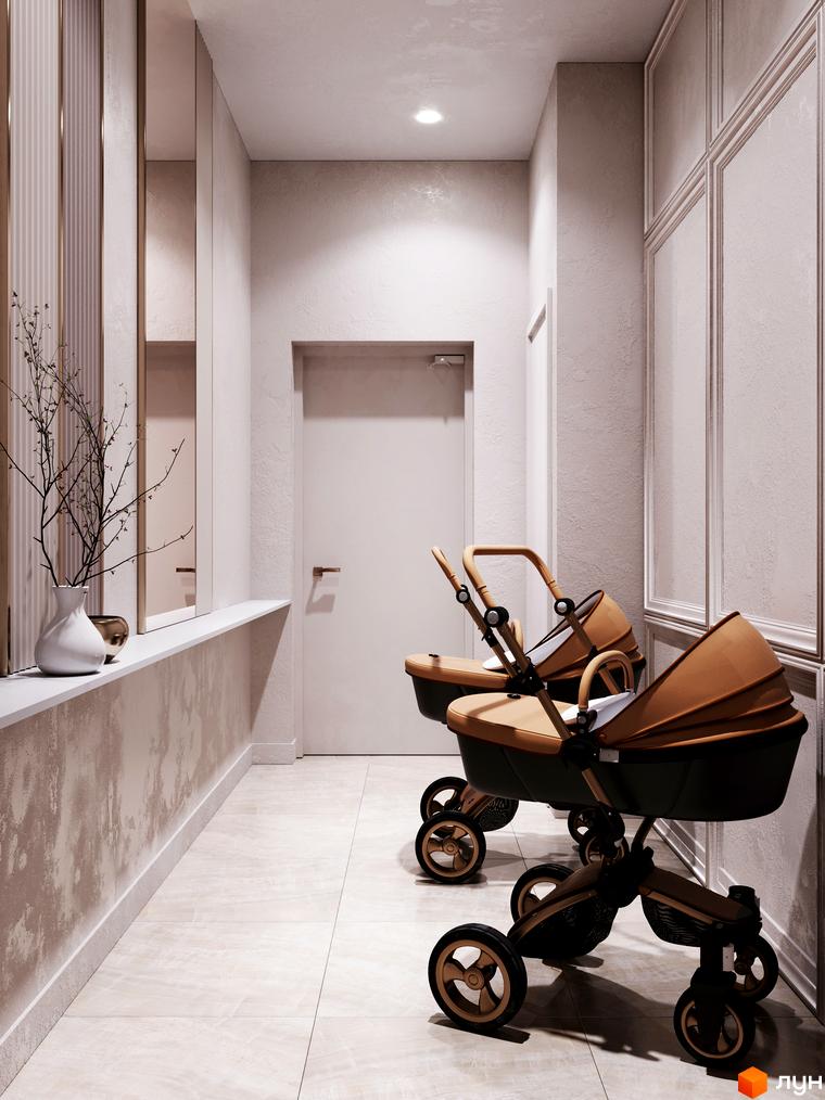 Клубний будинок LA MANCHE: елегантний хол з двома дитячими візочками та дзеркальною стіною. Сучасний дизайн інтер'єру новобудови.