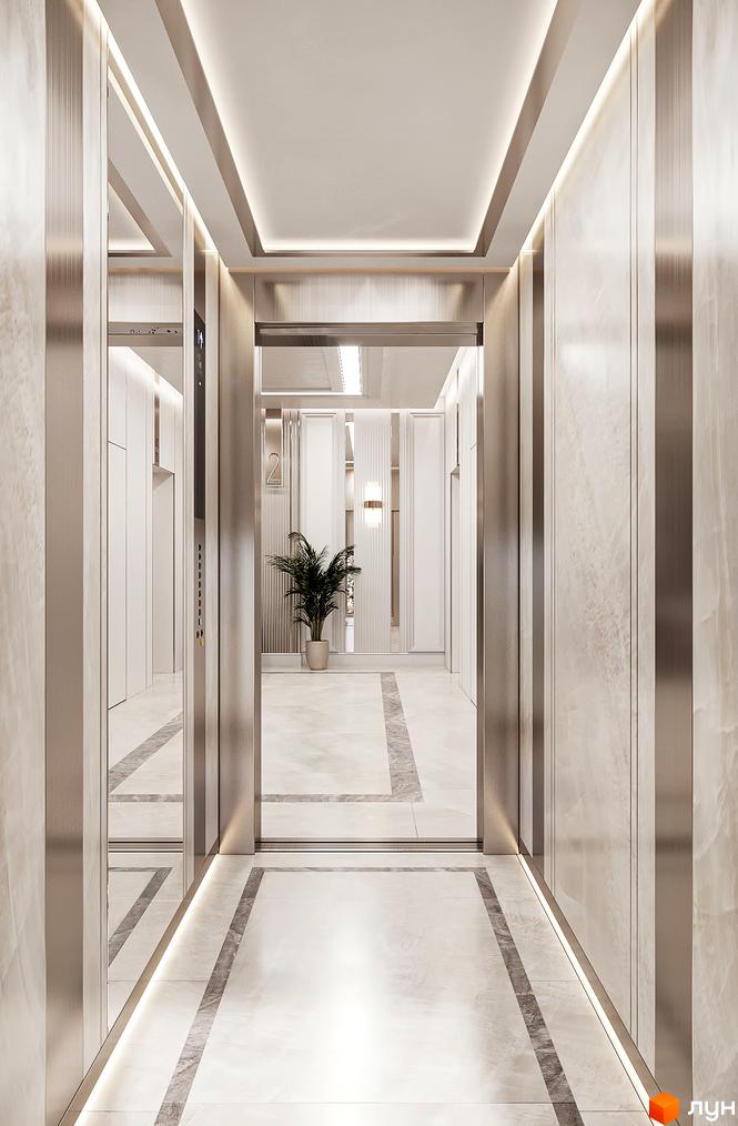 Клубний будинок LA MANCHE: елегантний коридор з мармуровою обробкою та підсвіткою. Сучасний дизайн інтер'єру, що створює атмосферу розкоші та комфорту.