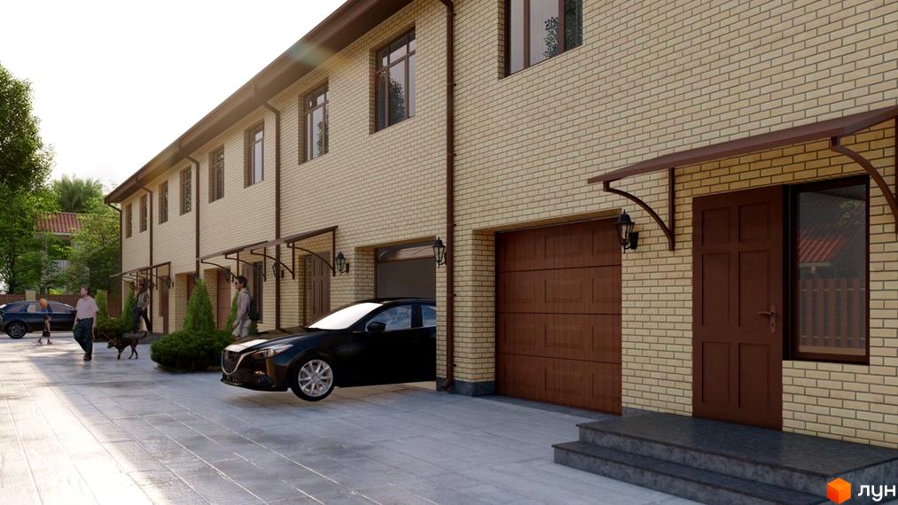 Зовнішній вигляд таунхаусів Vygovskii Village з цегляним фасадом та гаражними воротами. Прибудинкова територія з доріжками та зеленими насадженнями.