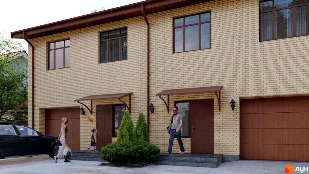 Таунхаус Vygovskii Village з цегляним фасадом та дерев'яними гаражними воротами. Перед будинком розташована прибудинкова територія з деревами та людьми.