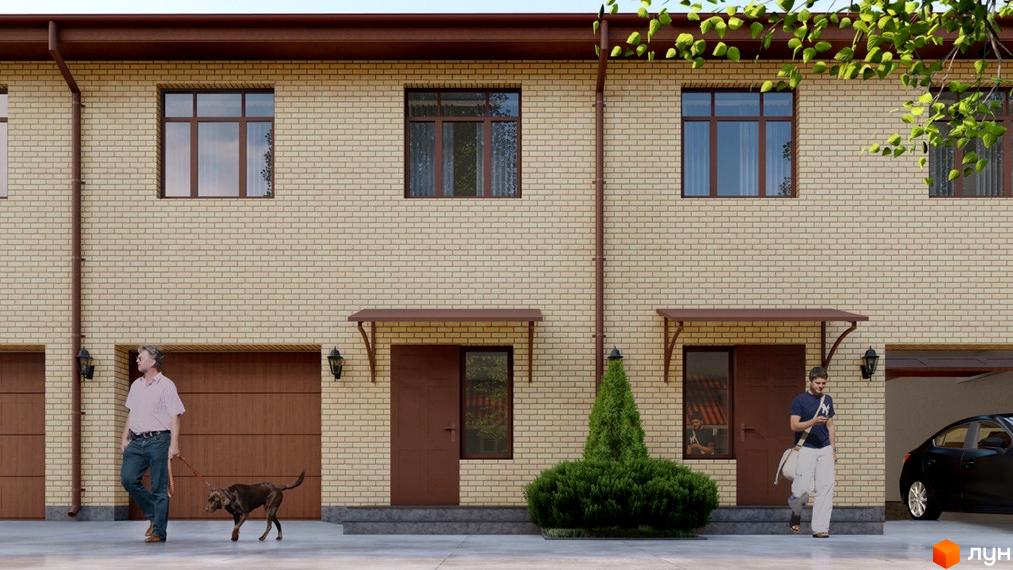 Таунхауси Vygovskii Village з цегляним фасадом та індивідуальними гаражними воротами. Поруч чоловік вигулює собаку, а інший йде з сумкою.