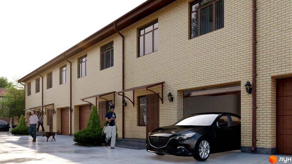 Зображення сторінки житлового комплексу. Цегляний будинок з гаражем та козирками над входом. На території люди та чорний автомобіль.