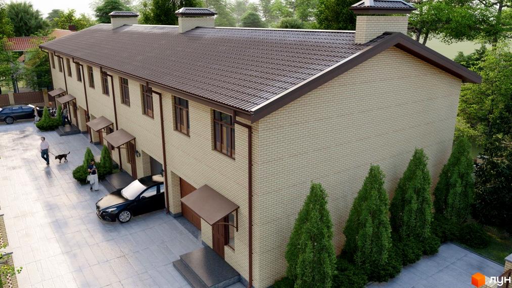Зображення сторінки житлового комплексу Таунхаус „Vygovskii Village“. Цегляні будинки з коричневим дахом та гаражами, перед будинками викладена плитка, є зелені насадження.