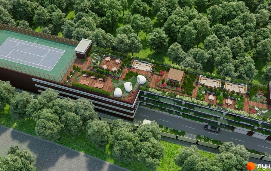 Зображення житлового комплексу PARKLAND з тенісним кортом на даху. На прибудинковій території є зони відпочинку з озелененням.