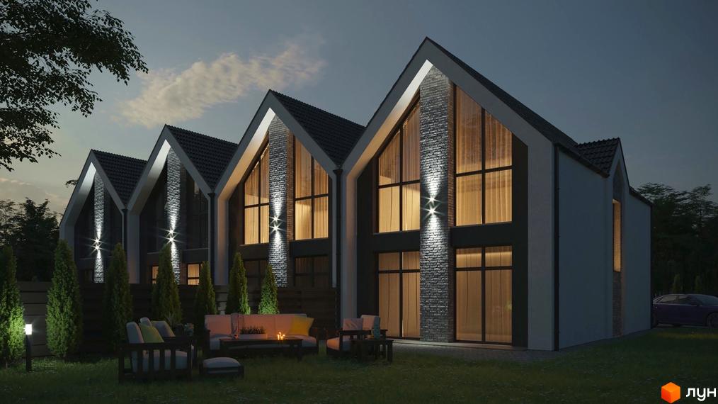 Таунхауси MANHATTAN 2: сучасні фасади з панорамними вікнами та цегляним оздобленням, освітлена прибудинкова територія з зоною відпочинку.