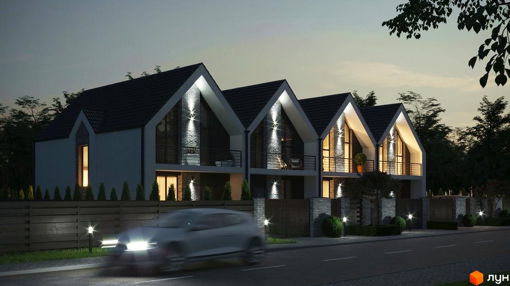 Таунхауси MANHATTAN 2 із сучасними фасадами та великими вікнами, освітлена прибудинкова територія з дорогою та автомобілем.