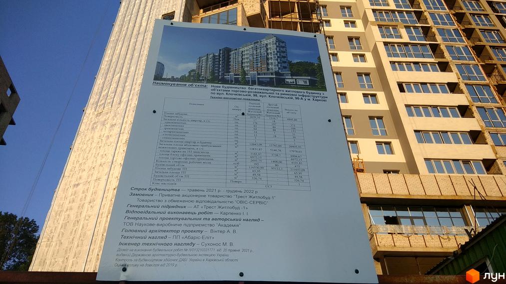 Новобудова ЖК Овис у Харкові, вид з вулиці Клочківської, 98-а. Багатоповерховий житловий будинок з фасадом з білої та сірої плитки.