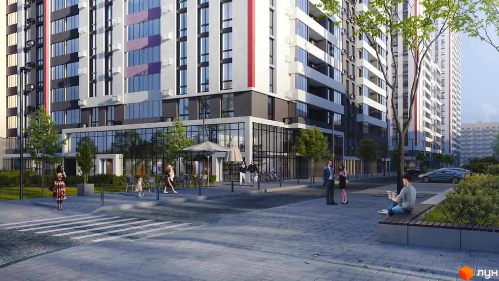 ЖК OK'LAND: високі будинки з білими та темно-сірими фасадами, великими вікнами. Прибудинкова територія з деревами, лавками та пішохідними зонами.
