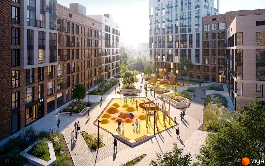 Житловий комплекс YARD з цегляним фасадом та великими вікнами, з дитячим майданчиком та зеленими зонами відпочинку.