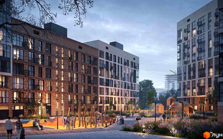 Житловий комплекс YARD з цегляним фасадом та світлими панелями, з дитячим майданчиком та зонами відпочинку на прибудинковій території.