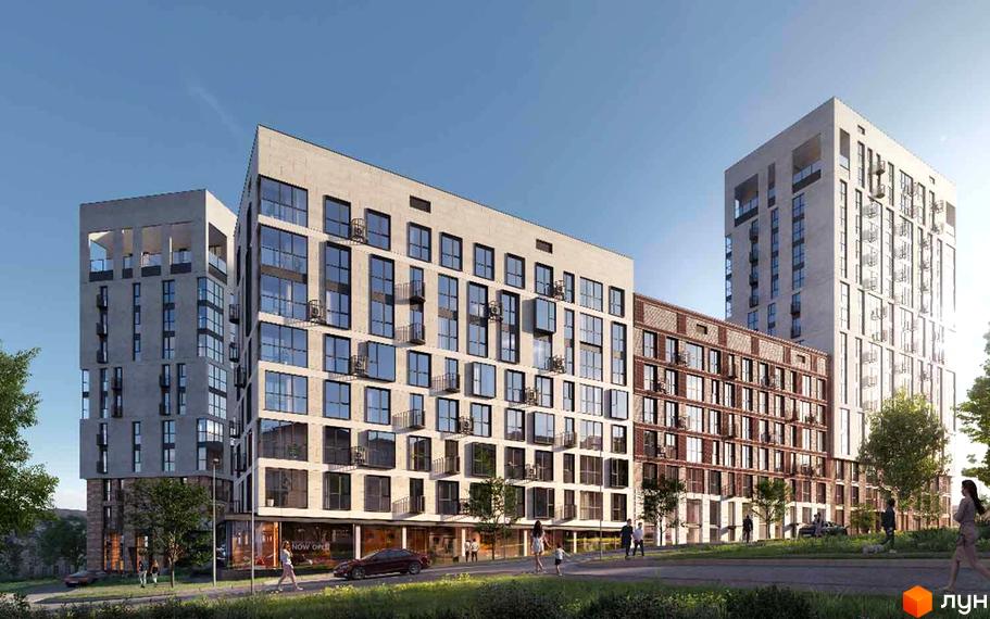 Новобудова ЖК YARD з фасадами з світлої штукатурки та цегли, великими вікнами та балконами. Навколо зелена зона та дорога з автомобілями.