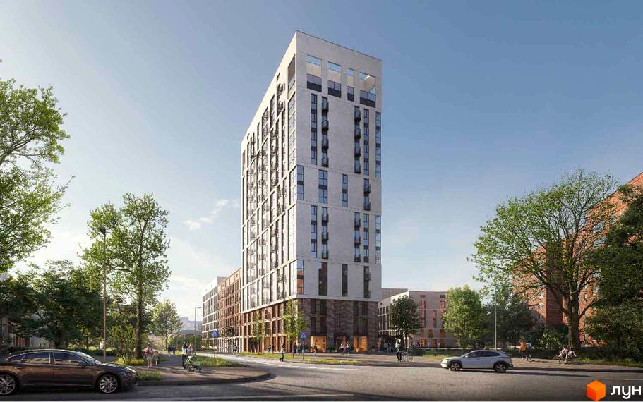 Новобудова ЖК YARD – висотна будівля з численними вікнами та балконами, розташована на фоні міського пейзажу з деревами та дорогою.