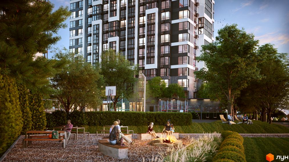 Житловий комплекс 7 KVARTAL з багатоповерховою забудовою та прибудинковою територією з зонами відпочинку та дитячими майданчиками.