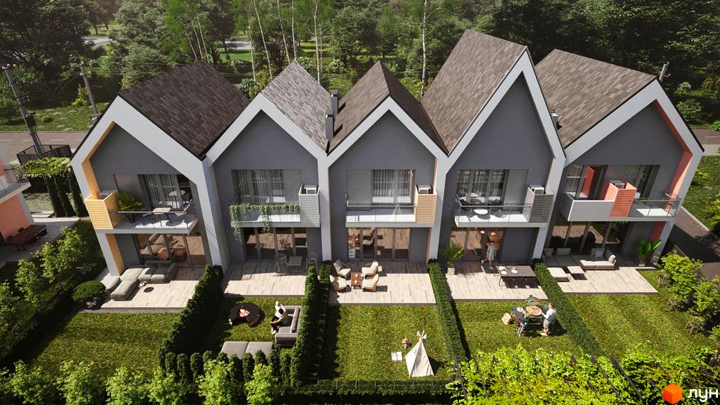 Котеджне містечко КМ Голландський квартал. Зовнішній вигляд будинків з сірими дахами та прибудинковою територією з зонами відпочинку.