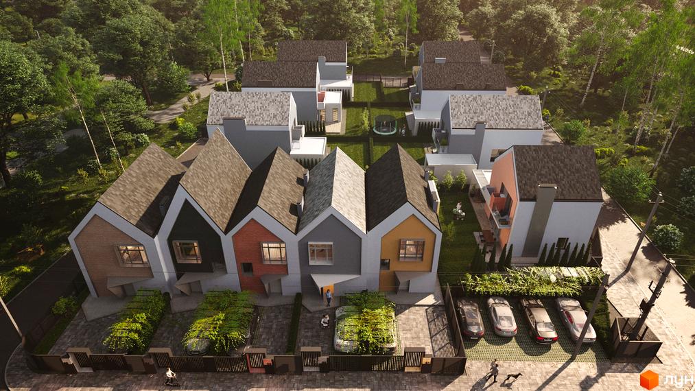 Котеджне містечко Голландський квартал, фасади будинків з різнокольоровими вставками та прибудинкова територія з паркуванням та зеленню.