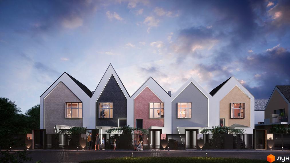 Котеджне містечко Голландський квартал: фасади будинків у сірих, рожевих та бежевих тонах, вікна з підсвіткою, огороджена територія з ліхтарями.